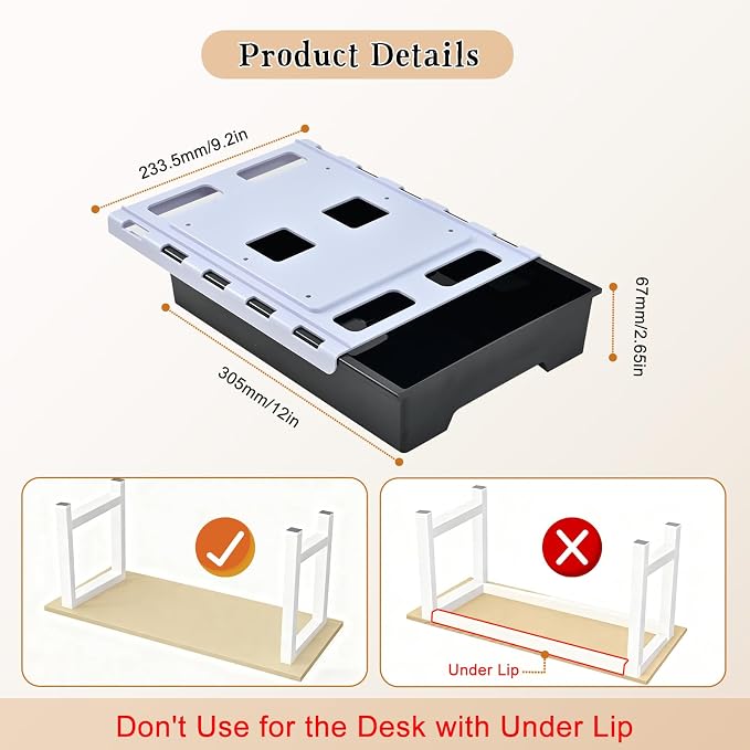 Under Desk Drawer Organizer, Self Adhesive Hidden Drawer Storage, Slide Out Desk Organizer, Space Saving Pencil & Accessories Organizer, Under Table Storage for Home Office & School, Black