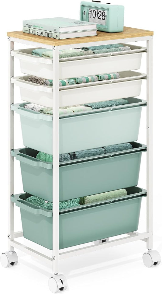 Rolling Storage Cart with 5 Drawers, Craft Organizer, Wooden Tabletop Utility Cart for Bedroom, Children's Room and Office Organization, Table Side Trolley with Lockable Wheels, Green
