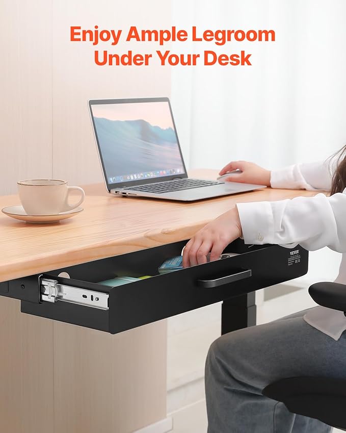 VEVOR Under Desk Drawer Slide Out, 22 inch Under Desk Mounted Pull-out Drawer Attachment, Hidden Under Counter Drawers for office Home Sit Stand Workstation, Black