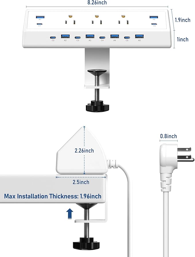 Jgstkcity 130W Desk Clamp Power Strip, 12 USB Ports (6 PD 65W USB-C),Surge Protector,ETL Listed Power Hub Extension Cord,Fast Charging Station for Home Office Desk Edge Mount (White, 12 USB-130W)