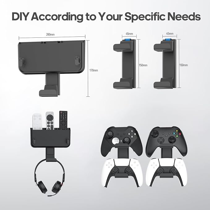 Controller & Headset & Remote Holder Wall Mount with No Drill, 2 Packs Gaming 4 Controllers Hanger Hook Mount for PS5/PS4/XBOX/Switch, Headphone Stand & Remote Control Holer Wall Shelf with Adhesives
