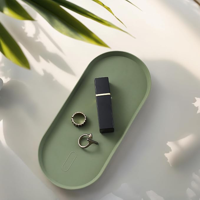 Green Silicone Vanity Tray, 8.66x3.94 Inch Oval Food-Grade Counter Organizer, Dishwasher Safe Scratch-Proof Storage Tray for Jewelry Makeup Bathroom Desk