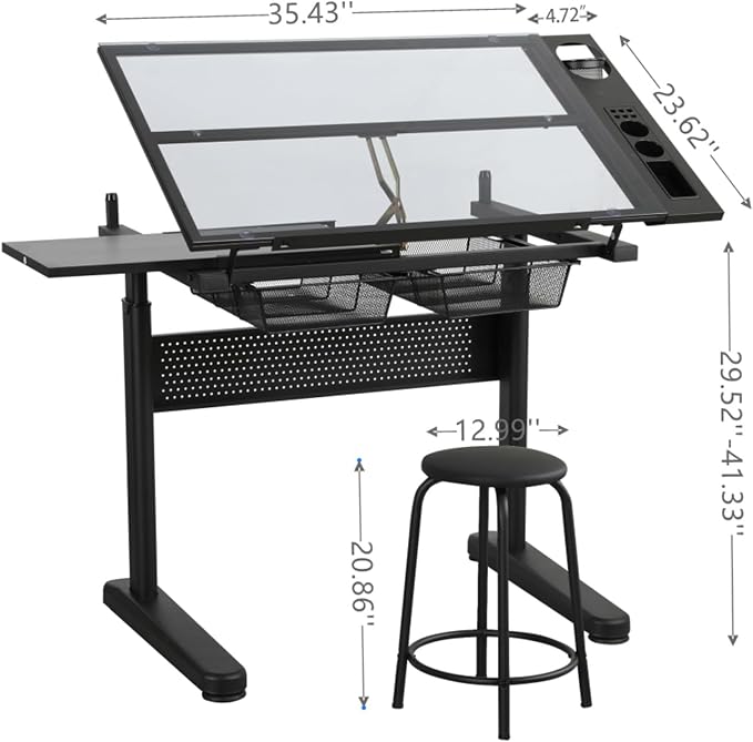Adjustable Drafting Table with Hand-Crank Lift, 0-75° Tilting Tempered Glass Art Desk with Metal Drawers & Slide-Out MDF Side Table, Height Adjustable 29.5"-41.3" Drawing Desk with Storage & Stool