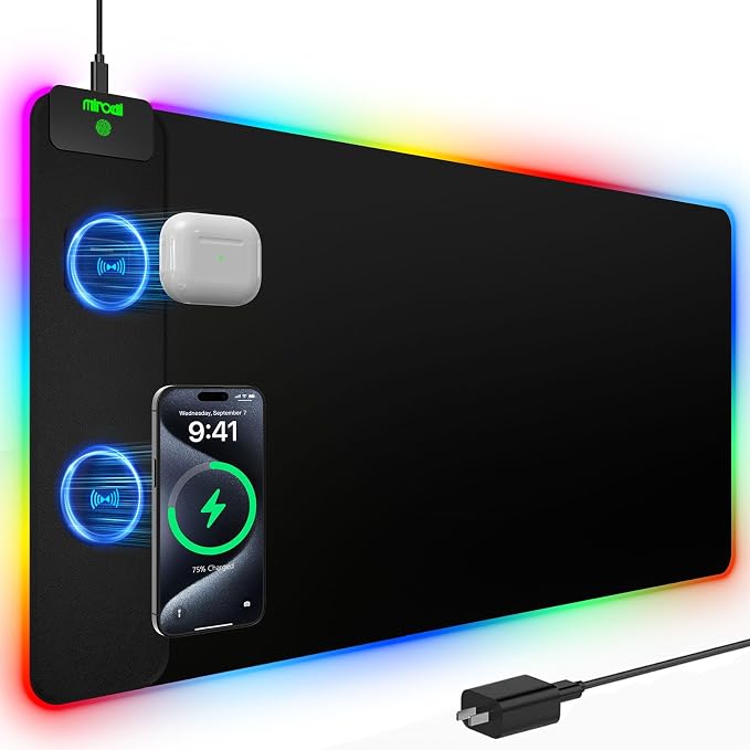 Mouse Pad with 15W Magnetic Wireless Charging, RGB Mousepad for Desk Mat, XXL Desk Pad with 11 Colors 5 Modes, Home Office Keyboard Pad Waterproof Non-Slip for PC Gaming