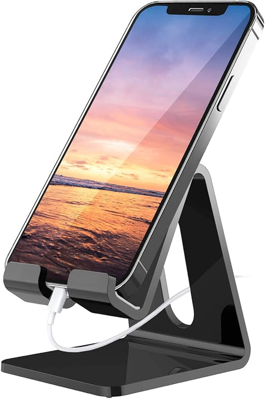 Crpich Acrylic Phone Stand, Ergonomic Design for Apple iPhone and Samsung Galaxy, Compatible with 4-8 Inch Screens, Black