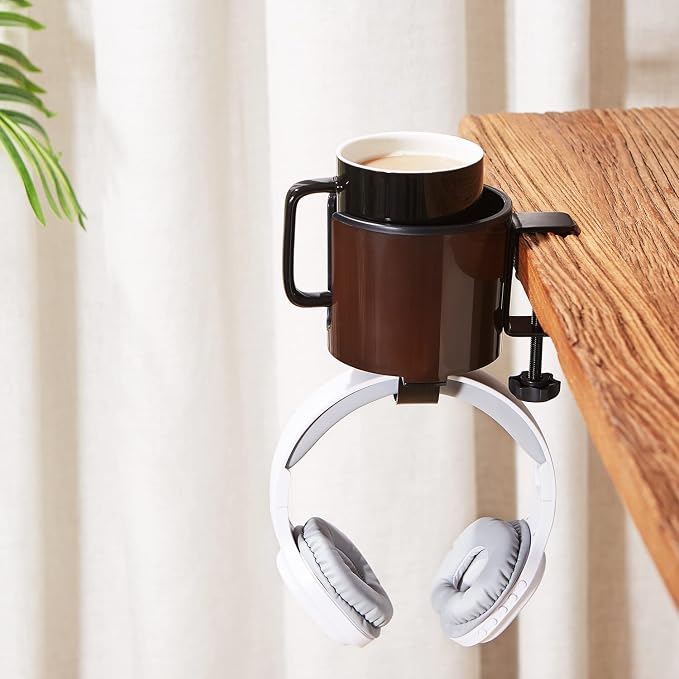 GUNKING Luxury 2-in-1 Anti-Spill Cup Holder with Under Desk Headphone Hanger (Coffee Brown)