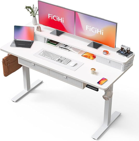 FiCiHi Electric Standing Desk with Four Drawers, 55 x 24 Inch Adjustable Height Sit Stand Desk, C-Clamp Compatible Home Office Desk with Storage Shelf & Monitor Stand Riser, White