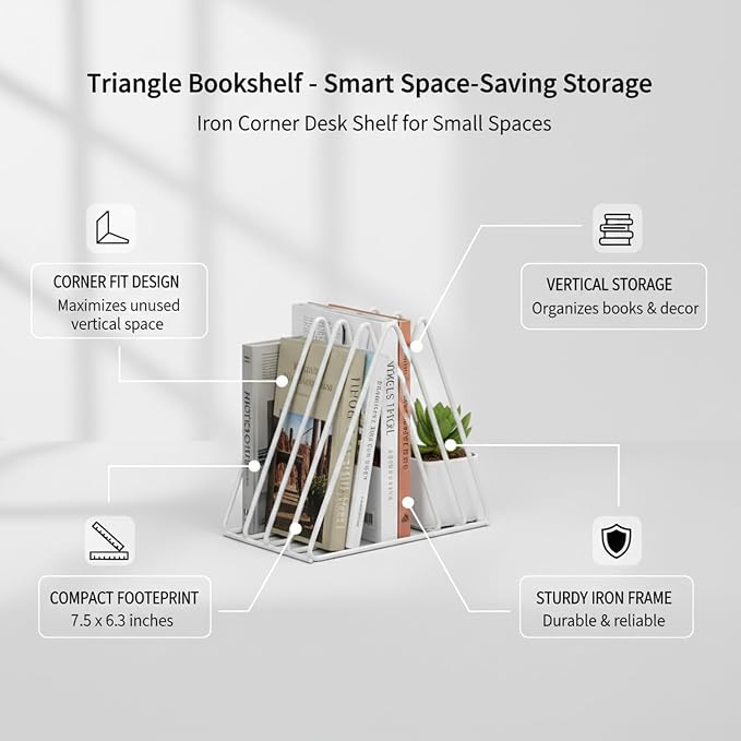 White Iron Triangle Bookshelf, Compact Corner Desk Organizer for Small Spaces, Vertical Storage Rack for Books and Decor, 7.5 x 6.3 x 7.2 Inches