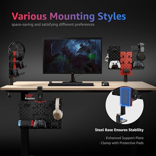 PEGZONE Headphone and Controller Holder, Rotating Gaming Accessories Organizer, Modular Desk Controller Stand with Cable Hooks, 3Pcs, Black
