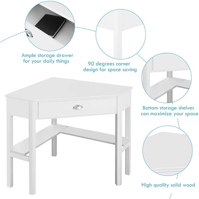LDAILY White Corner Desk, Triangle Corner Computer Desk for Small Space, Compact Writing Desk with Storage Shelves & Drawer, Space Saving Small Makeup Vanity Desk for Bedroom, Home Office