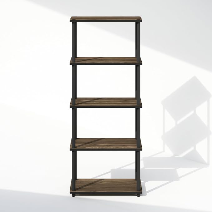 Furinno Turn-N-Tube Book Shelf, 5-Tier Bookshelf, Bookcase with Multipurpose Compact Display Rack, 11.6 x 23.6 x 57.4, for Living Room, Bedroom, Home Office, Columbia Walnut/Black
