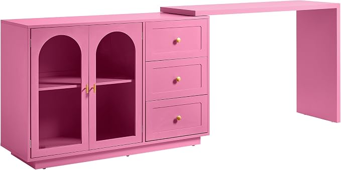 FansaFurn 83" 3-in-1 Vanity Table with 3 Drawers & 2 Doors, Extendable Makeup Vanity Desk, Morden Dressing Table for Bedroom, Dressing Room, Pink