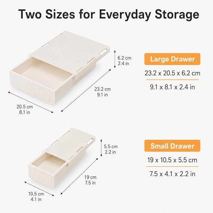 YOOUSOO Under Desk Drawer Organizer, 2 Pack Self Adhesive Slide Out Desk Storage Drawers, Hidden Desk Drawer Attachment for Pens, Notes, Earbuds, Cables and Small Office Accessories, White
