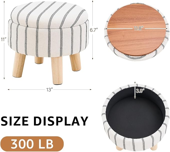Wimarsbon Storage Ottoman, Modern Round Footrest with Soft Padded Seat, Striped Fabric Footstool with Wood Legs, Accent Small Table or Plant Stand for Hallway, Living Room (Black and White)