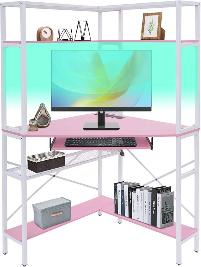 Corner Desk, Triangle Corner Computer Desk with 2 USB Ports and 2 AC sockets, Small Computer Desk with Hutch and LED Lights ComputerDesk for Small Space, Home Office Desk, Pink