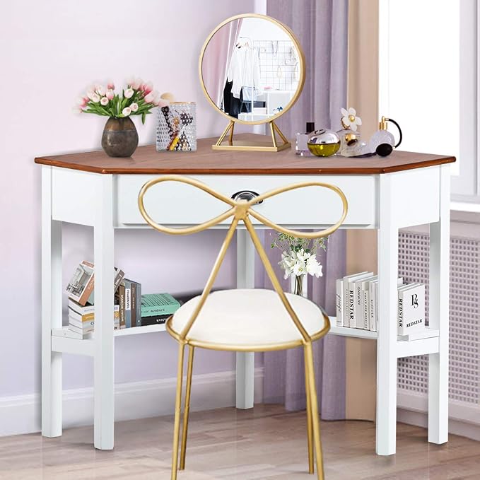 Corner Computer Desk, Space-Saving Corner Table with Drawer & Shelves, Home Office 90° Triangle Corner Workstation, Modern Makeup Vanity Table, Corner Desk for Small Spaces (Natural & White)
