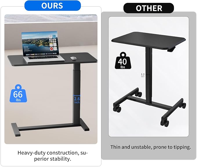 Ywin Medical Overbed Table in Black, Pneumatic Lift Adjustable Bedside Table with Wheels for Hospital and Home, Rolling Tray Desk for Couch, Bed, Recliner (Black)