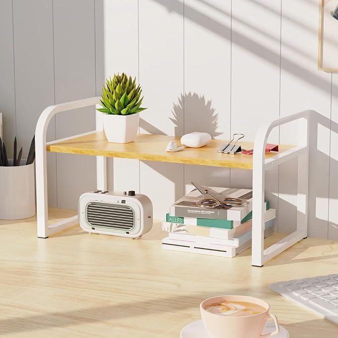 Office Desk Shelf Organizer, Wood Desktop Bookshelf Supplies Storage Rack Shelf for Top Desk and Dresser and Cubicle Decor Bookshelf Monitor Stand Riser (White Wood-single Tier, 11.81 Lx7.87 Wx8.46 H)