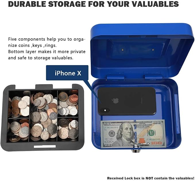 KYODOLED Cash Box with Money Tray,Storage Safe Lock Box with Key,Cash Drawer,7.87"x 6.30"x 3.54" Blue Medium