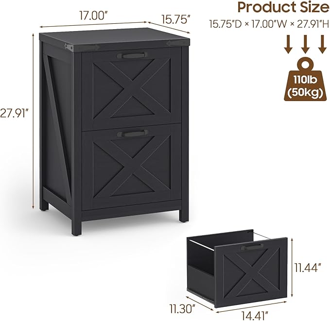 Halitaa 2 Drawer Small File Cabinet, Farmhouse Vertical Filing Cabinet Fits Letter and A4 Size, Under Desk Wooden File Cabinets for Home Office, Printer Stand, Black
