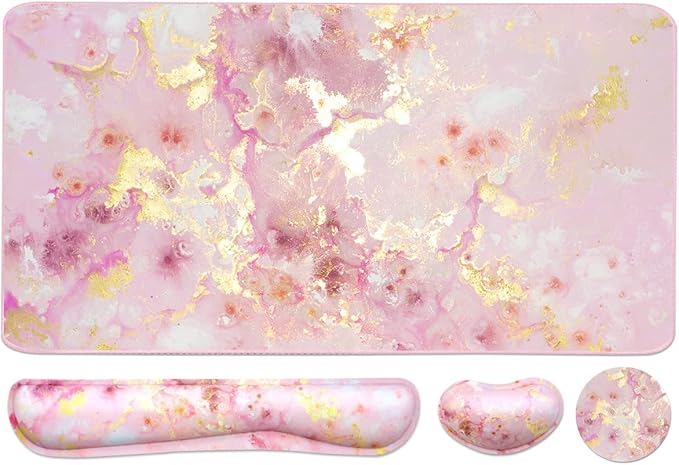 Keyboard Mouse Pad Set, Extended Mouse Pad+Keyboard Wrist Rest Support, Memory Foam Ergonomic Easy Typing, 3Pcs (35.4×15.7 in) Desk Pad Set for Home Office Study Game- Pink Gold Marble