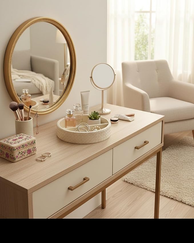Round Faux Leather Vanity Tray Organizer for Dresser Perfume | Elegant woven leather tray for perfume, sunglasses & keys. A stylish 2-compartment organizer for your console table.
