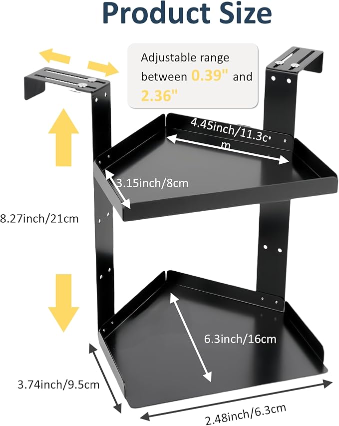Office Cubicle Shelf Storage Organizer Accessories Height Adjustable Cubicle Corner Shelf with Hooks (Black, Double Layer)