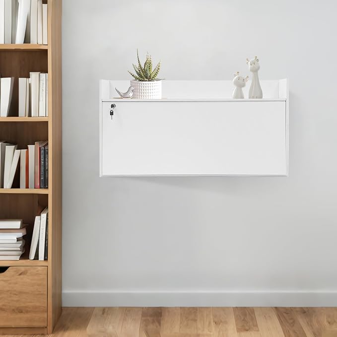 Wall-Mounted Foldable Desk Cabinet with Storage Drawers, Space-Saving White PVC Organizer for Home Office, Study Room, Bedroom, Small Apartment & Remote Work