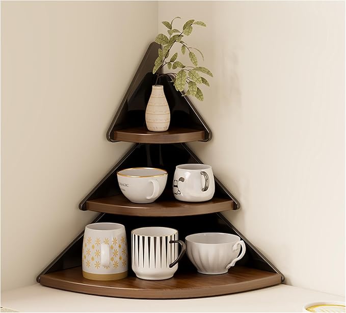 3-Tier Corner Desk Shelf, Solid Wood Desktop Organizer, Vintage Brown Corner Storage Table, Space Saving Freestanding Shelf for Bedroom, Home Office, Kitchen, Bathroom (Black,Pine)