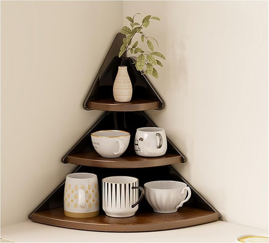 3-Tier Corner Desk Shelf, Solid Wood Desktop Organizer, Vintage Brown Corner Storage Table, Space Saving Freestanding Shelf for Bedroom, Home Office, Kitchen, Bathroom (Black,Pine)