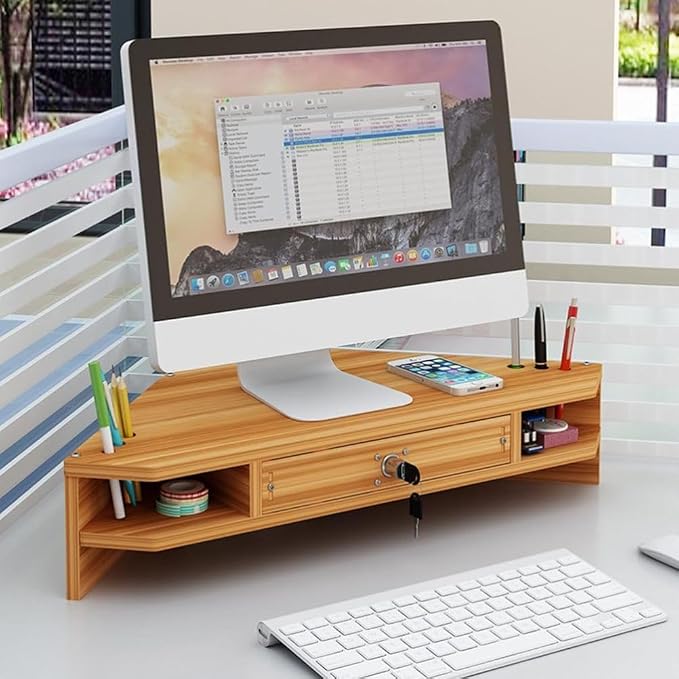 Save Space Desktop Corner Shelf with Locking Drawer, Wooden Corner Monitor Stand, Screen Stand Office Workspace Organizer,Wood color