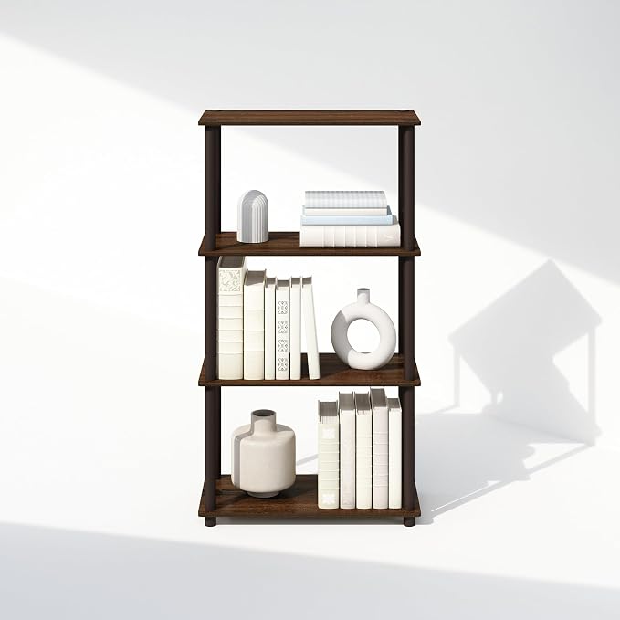 Furinno Turn-N-Tube Book Shelf, 4-Tier Bookshelf, Bookcase with Multipurpose Compact Display Rack, 11.6 x 23.6 x 43.2, for Living Room, Bedroom, Home Office, Walnut/Brown