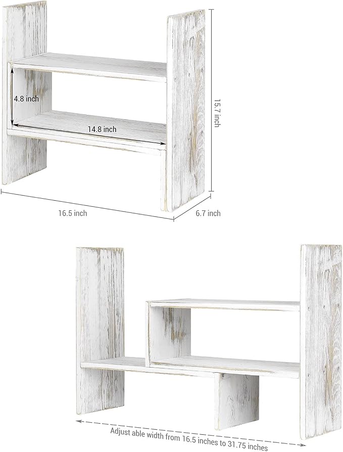 MyGift Adjustable Whitewashed Solid Wood Desktop Storage Organizer Display Shelf Book Rack, Office Desk Bookshelf