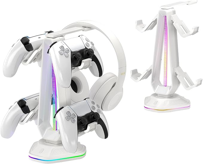 Saitake RGB Controller Stand with 9 Light Modes,Controller Holder with 2 USB Ports,Headset Stand for Desk-Headphone Holder Suitable for All Headphones and Controller (White)