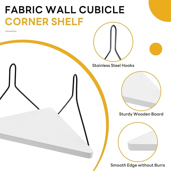 Fabric Wall Cubicle Corner Shelf with Hooks 11.8 Inch Wooden Triangular Cubicle Corner Shelf for Office Fabric Walls Display Storage Hanging Organizer for Work Decor Small Planter(White，2 PCS)