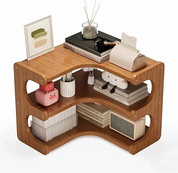 Corner Desktop Organizer Stable Durable, Solid Wood & Multi-Ply Board Corner Storage Shelf Space-Saving Empty Corner Decor with Rounded Edges for Home Office, Bedroom, Living Room and Kitchen