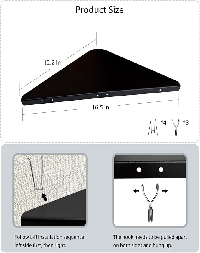 Metal Cubicle Corner Shelf with 3 Hooks for Office Fabric Walls, Hanging Organizer Shelves for Keys and Office Supplies, Space Saving Black Storage Shelf (2 Packs)