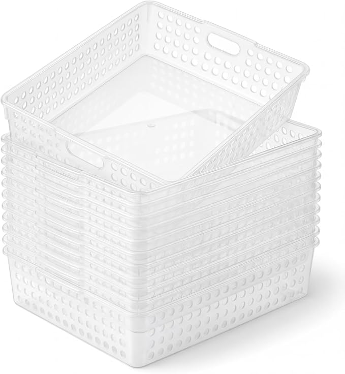 Geetery 12 Pack Classroom Storage Baskets with Handle 14''x10'' Paper Tray Holds A4 Turn in Trays Plastic Paper Baskets Desk Organizer Bin for Classroom, Library, Office, Home (Clear)