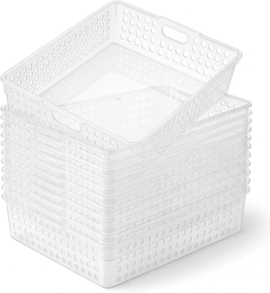 Geetery 12 Pack Classroom Storage Baskets with Handle 14''x10'' Paper Tray Holds A4 Turn in Trays Plastic Paper Baskets Desk Organizer Bin for Classroom, Library, Office, Home (Clear)