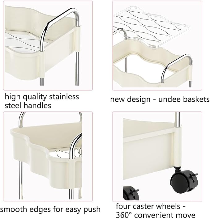 2 Tier Utility Rolling Cart with Wheels Under Desk Storage Cart Organizer with Handle for Home Kitchen Bathroom Office Organization White