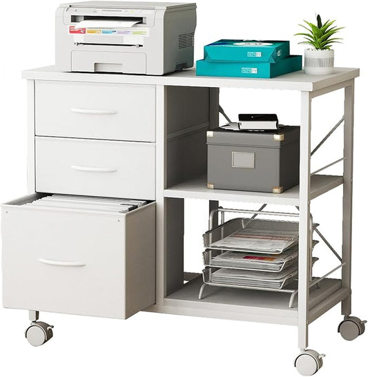 OLIXIS 3-Tier Printer Stand with Fabric Storage Drawer, Rolling Printer Cart with Lockable Wheels and Metal Frame, Under Desk Table with Open Storage Shelf for Small Spaces, Home, Office, White