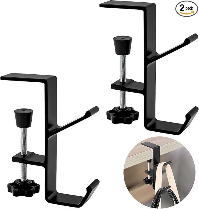 Desk Mount Bag Holder Hook Clamp-On Backpack Hanger Portable Desk Mount Headphones Holder Reduce Desk Clutter for Table Desk, Under Counter (Black, 2Pcs)