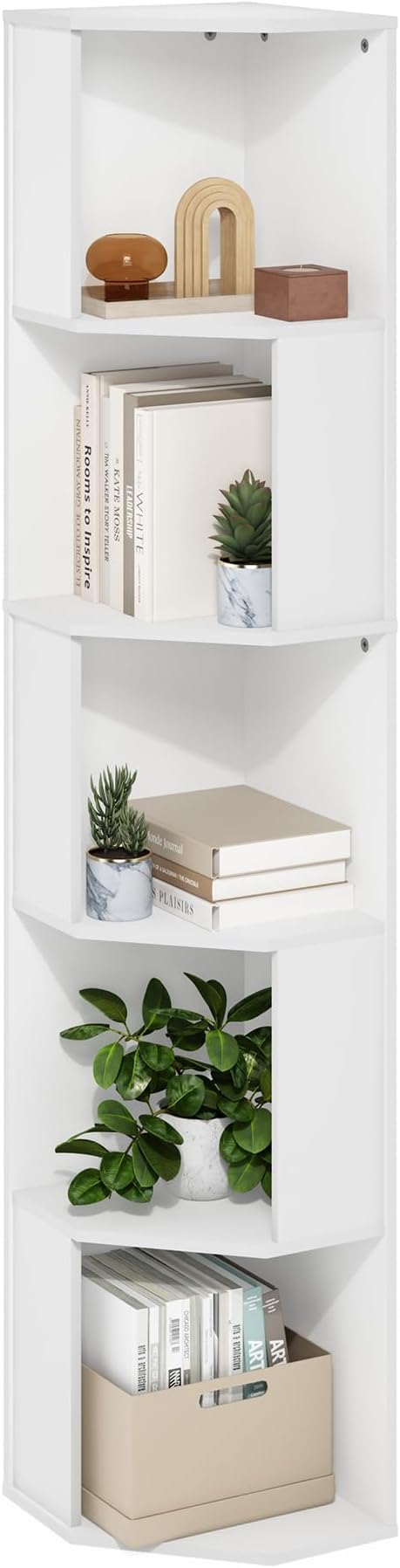 Furinno ECON Corner Shelf, 5-Tier Corner Book Shelf, Standing Storage Shelves, Cube Display Rack, Bookshelf, for Organization and Storage, Living Room, Home Office, White