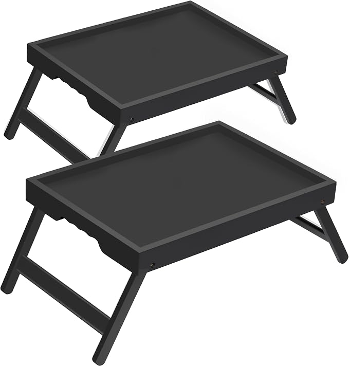 Large Breakfast Tray with Folding Legs Set of 2, 16.9" x 12.2" Bamboo Bed Tray Table with Ergonomic Wave Handles, Foldable TV Dinner Tray for Bed Couch Sofa, Breakfast, Laptop, Coffee, Black