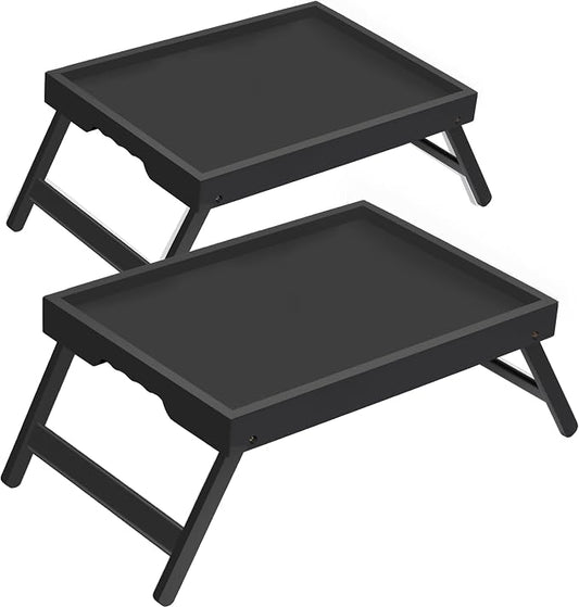 Large Breakfast Tray with Folding Legs Set of 2, 16.9" x 12.2" Bamboo Bed Tray Table with Ergonomic Wave Handles, Foldable TV Dinner Tray for Bed Couch Sofa, Breakfast, Laptop, Coffee, Black