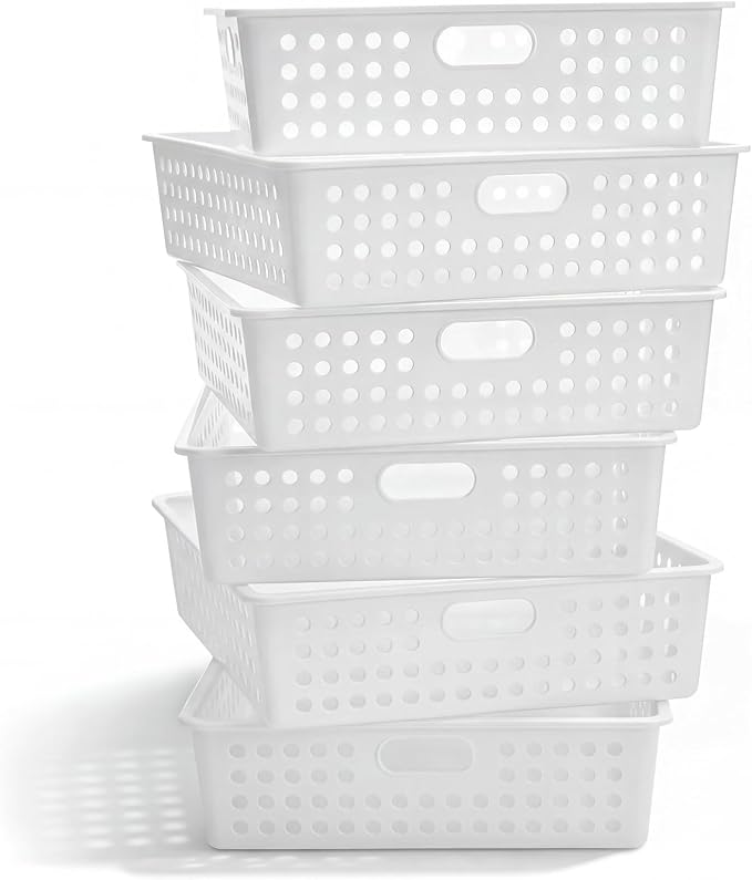 Geetery 6 Pack Classroom Storage Baskets with Handle 14''x10'' Paper Tray Holds A4 Turn in Trays Plastic Paper Baskets Desk Organizer Bin for Classroom, Library, Office, Home (White)