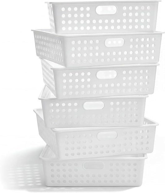 Geetery 6 Pack Classroom Storage Baskets with Handle 14''x10'' Paper Tray Holds A4 Turn in Trays Plastic Paper Baskets Desk Organizer Bin for Classroom, Library, Office, Home (White)