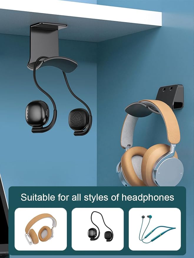 2-Pack Wall Mount Headphone Hanger, Adhesive Screw-in Headset Holder Hook, Under Desk Curved Headphone Stand for Gaming PC, PS5, Xbox Accessories, Black