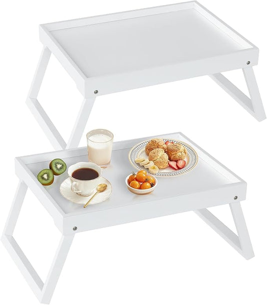 RRX Bamboo Bed Tray Table with Folding Legs, Breakfast Tray, 2 Pack (White) | Bed Trays for Folding Table Eating, Kitchen Serving, Food, Sofa, Snacking or Working, Laptop Desk Dinner, Snack Tray