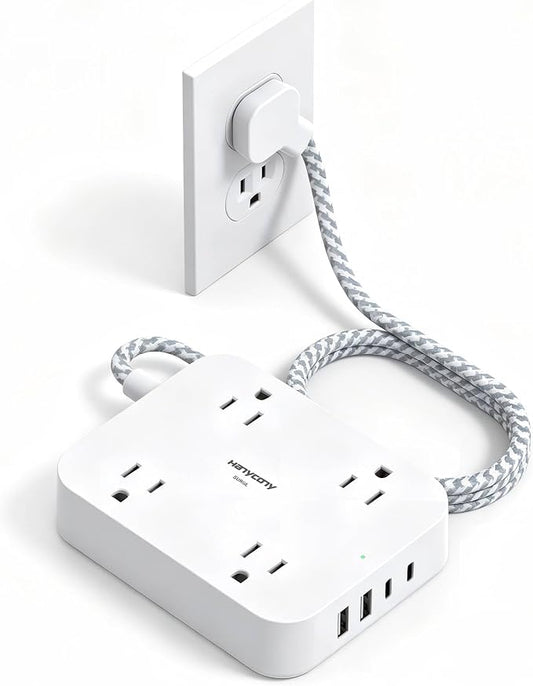 Surge Protector Power Strip, HANYCONY 10Ft Extension Cord with 4 USB Ports(2 USB C), 4 Widely Outlets Extender, Wall Mount, Desk Charging Station for Office School College Dorm Room Essentials